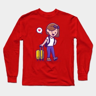 Woman Traveller Pulling Suitcase Long Sleeve T-Shirt